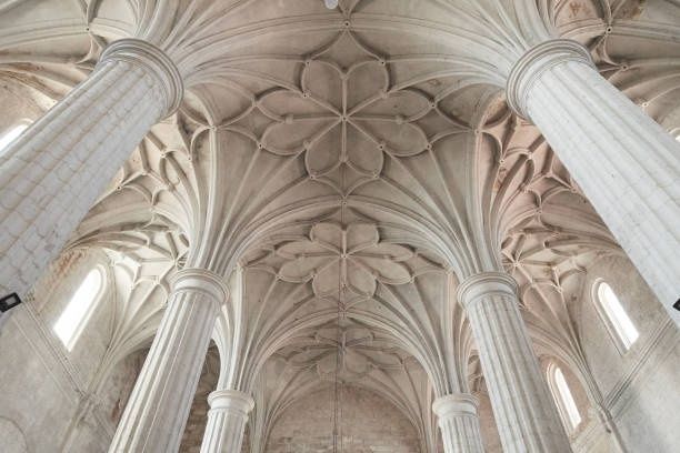 Gotisches Rippengewölbe mit hohen, hellen Säulen in einer Kirche
