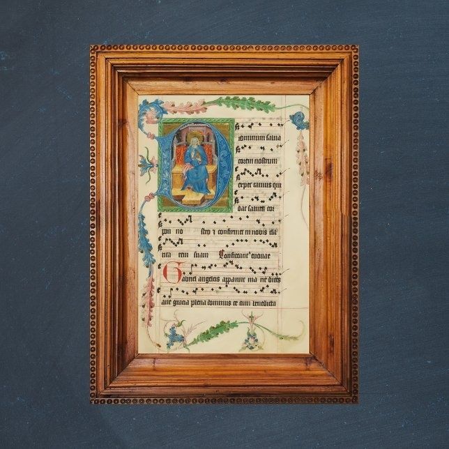Gerahmtes mittelalterliches Choralmanuskript mit Noten und Buchmalerei